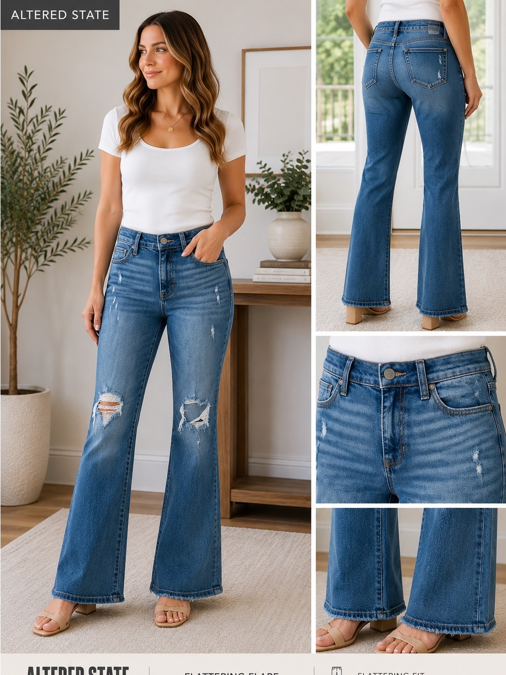 Altar'd State Distressed Medium Wash Flare Jeans - Blue - Picture 1 of 11